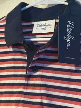 Walter Hagen Clubhouse Stripe Pique Polo Shirt Mens Large NWT Pink Navy Golf